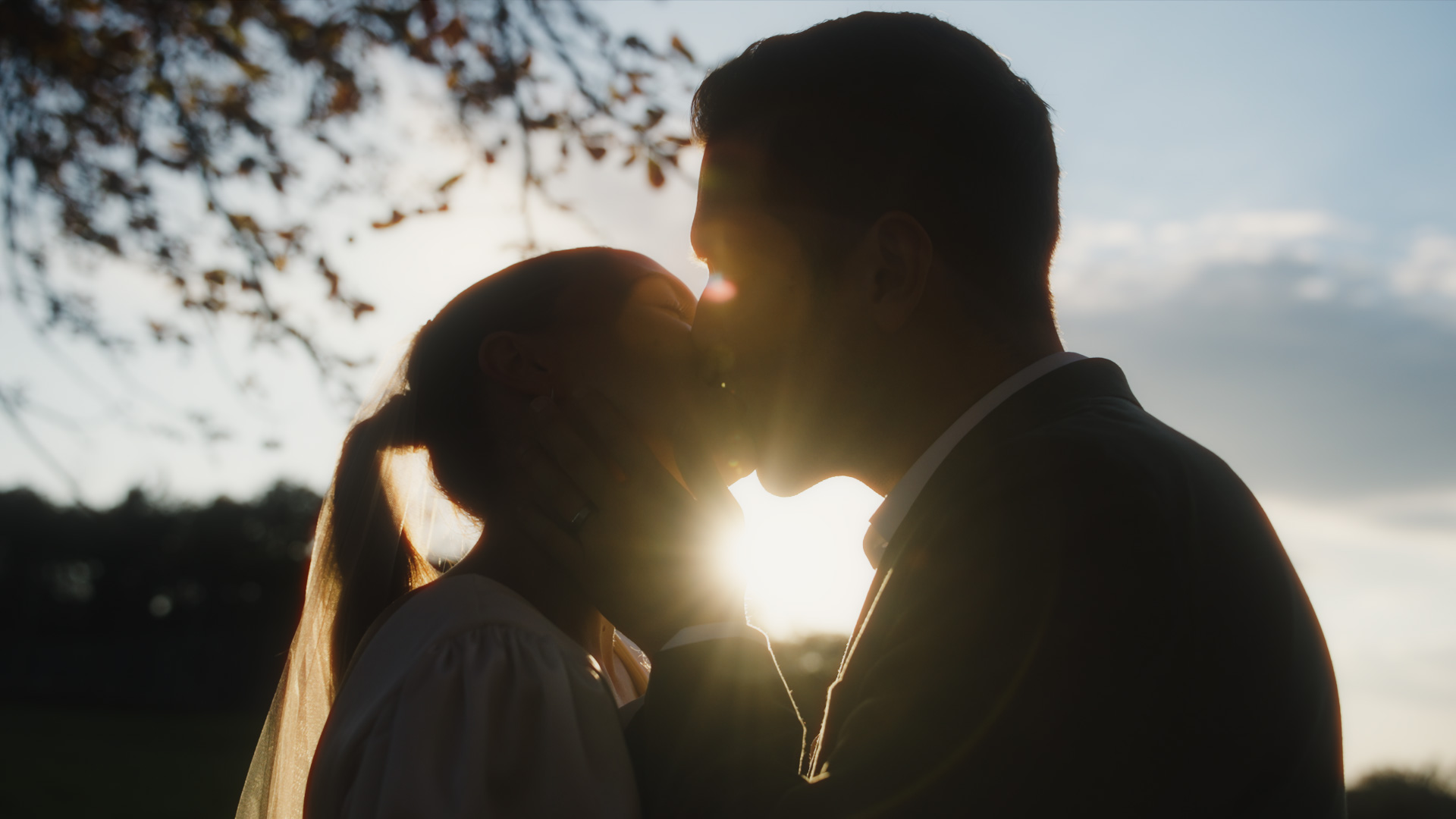 Golden hour portrait of bride and groom during their destination wedding in Dordogne