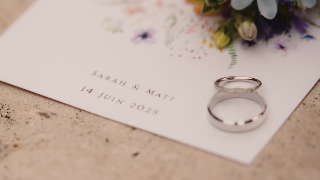 Wedding rings and invitation details photographed in Dordogne, France