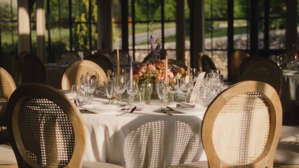 Elegant wedding reception decoration at Domaine de la Fauconnie